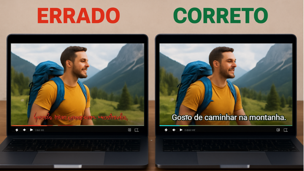 Na imagem a esquerda a legenda está em vermelho e com fonte cursiva, sendo difícil a compreensão. Já a direita a legenda está na cor branca com fonte arial e em tamanho compreensível